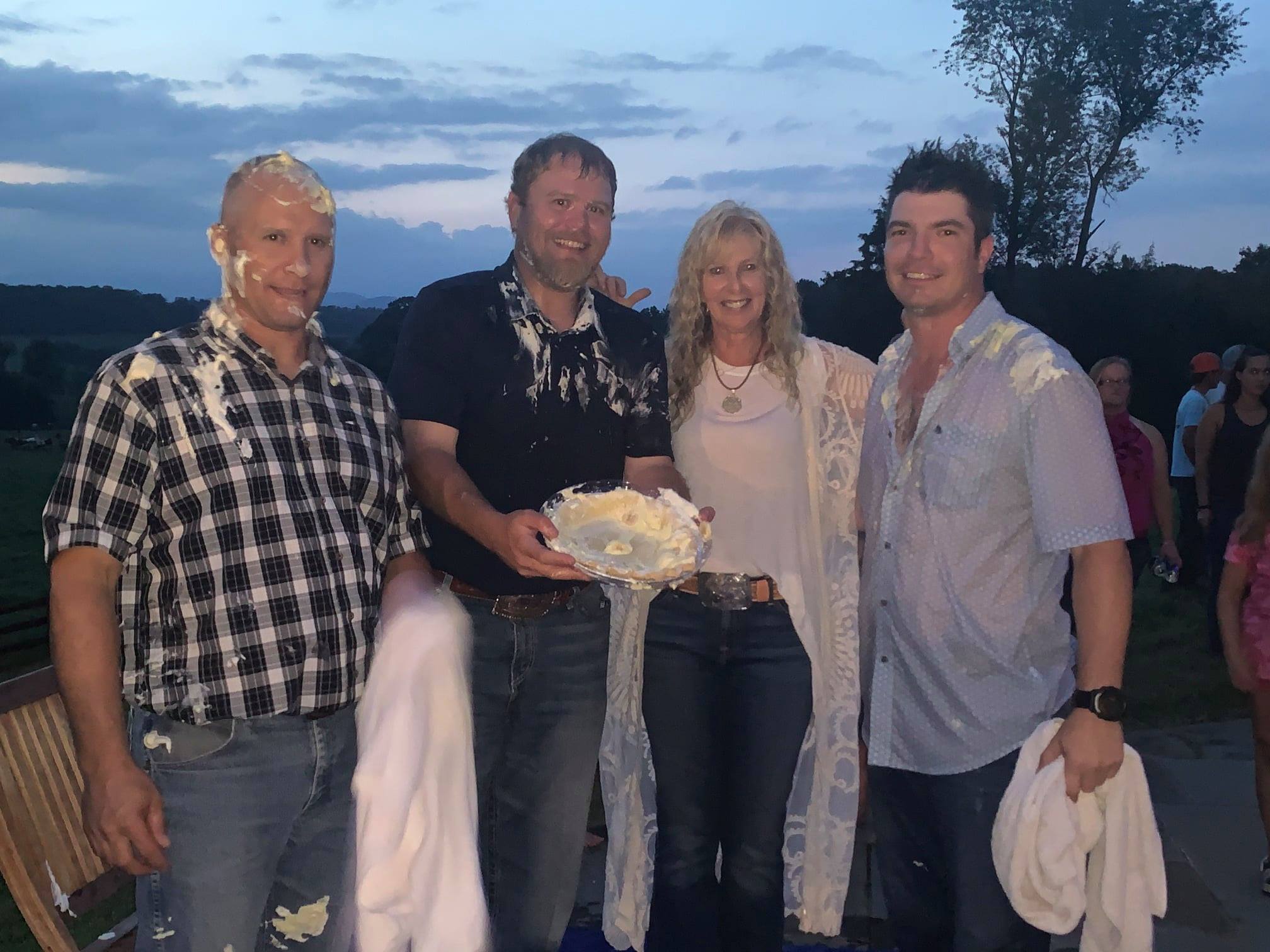 It was a three-way tie for the pie throwing contest! Sale Hosts and Hired Hand customers Shawn Pequignot, Chase Vasut, Ann Gravett, and Bear Davidson, G&G Longhorns